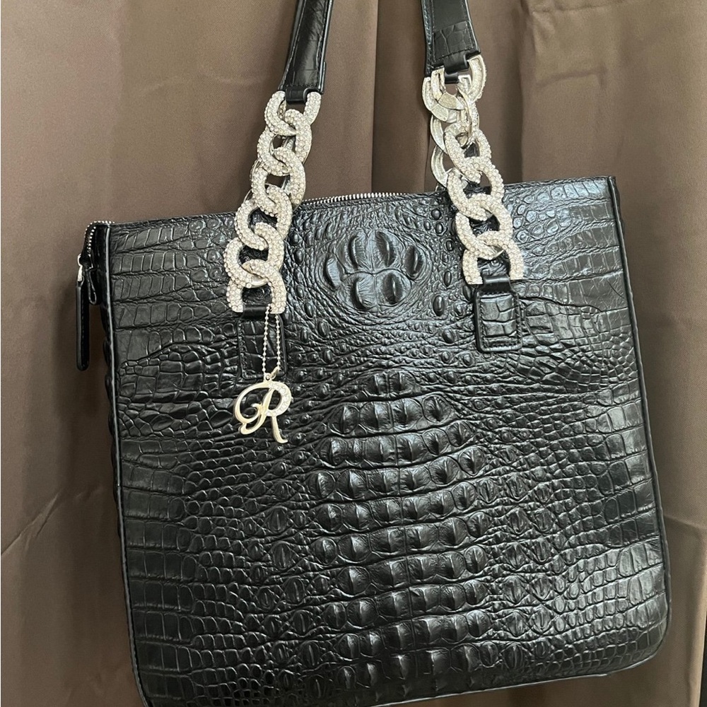 Raviani Black Crocodile Embossed purse with rhinestone Chain Straps
